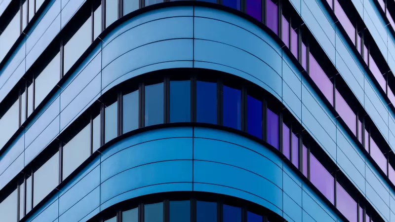 Rijn Tower, Arnhem, Netherlands, Curve, Patterns, Glass building, Blue, Purple, 5K