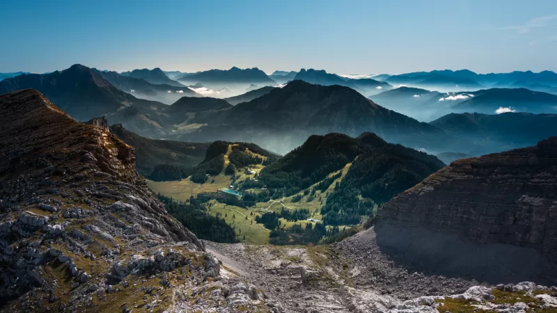 Warscheneck, Eastern Alps, Austria, Landscape, Mountain range, Valley, Village, Scenery, Blue Sky, 5K