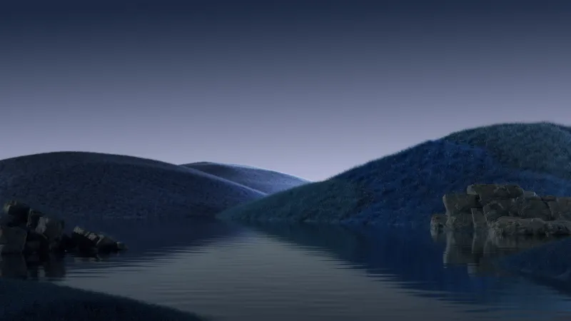 Blue hills by a calm lake, Dusk, Microsoft Design, 5K wallpaper