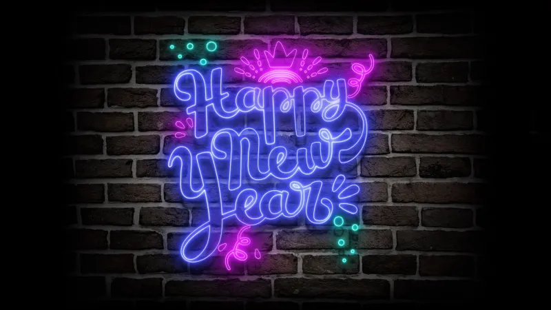 Happy New Year Neon sign, Brick wall, Dark background 5K