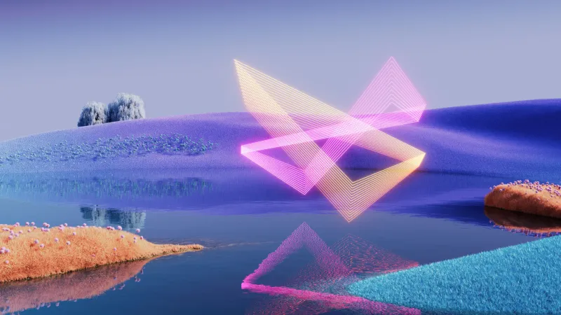 Glowing triangles over a lake wallpaper, Microsoft Design, Purple hills