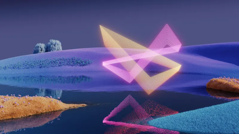 Neon triangles at dusk, Microsoft Design, Surreal lake, 5K wallpaper