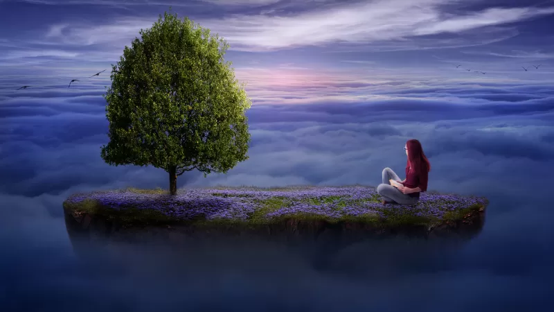 Girl, Dream, Surreal, Floating, Lone tree, Above clouds, Sunrise