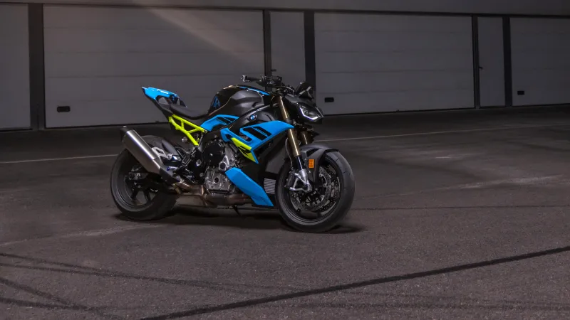 BMW S 1000 R Sport wallpaper, Blue and yellow, Parking garage, Night, 2024
