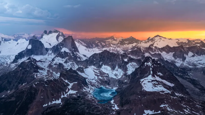 Coast Mountains at sunset from above, Glacier lake, Snowy peaks, 8K wallpaper