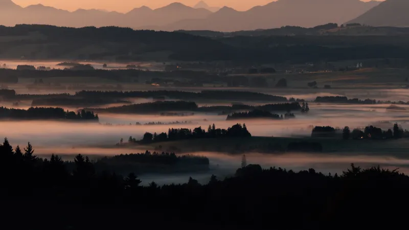 Foggy valley at sunset wallpaper, Forest silhouettes, Mountain range