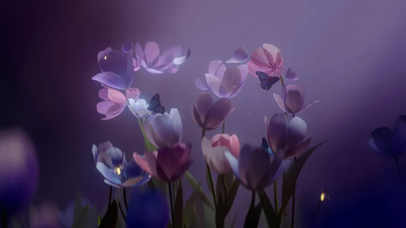 Microsoft 50th Anniversary, Tulips Wallpaper, Dark Mode, Purple Aesthetic