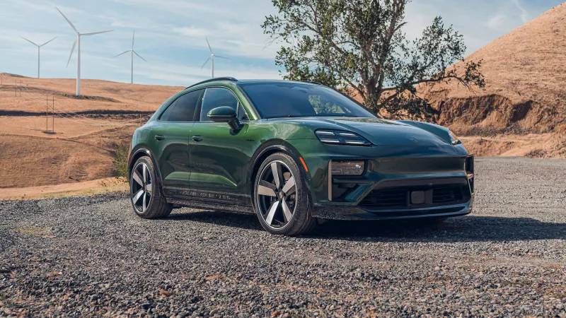 Porsche Macan Turbo Electric, Green SUV, Wind turbines, 2025, 5K wallpaper