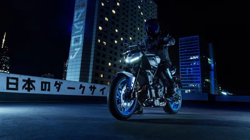 Yamaha MT-07, Rider, Night city, Japanese signage, 2025, 5K wallpaper