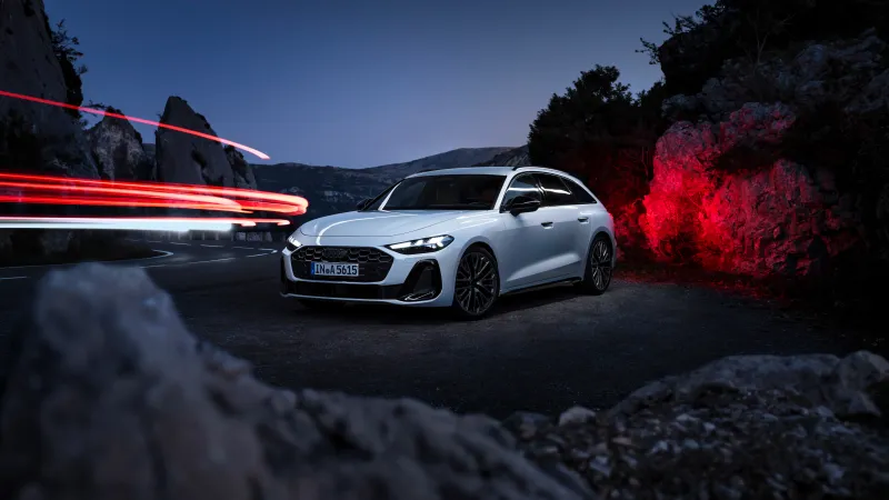 Audi A5 Avant wallpaper, White estate, Red light trails, Night road, 2024