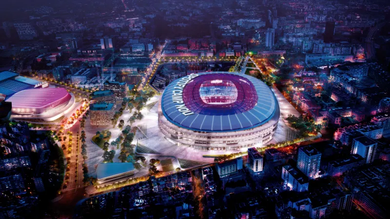 Spotify Camp Nou render, Barcelona at night, Aerial, 5K wallpaper