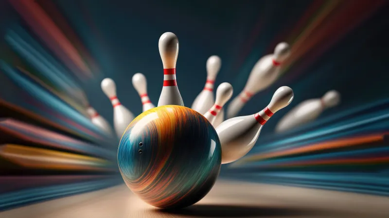 Bowling ball hitting pins, Motion blur, Colorful, 5K wallpaper
