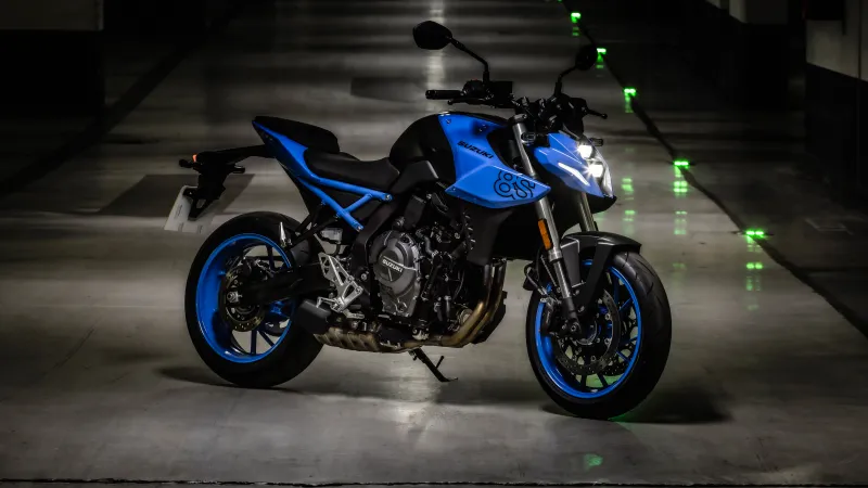 Suzuki GSX-8S wallpaper, Blue naked bike, Underground garage, Green lights