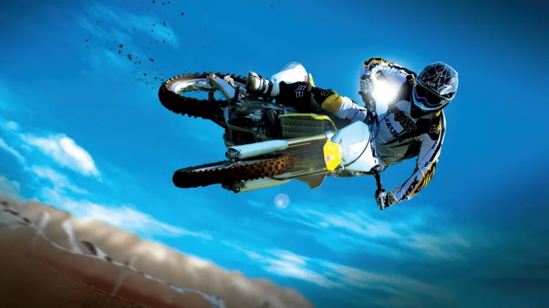 Motocross jump, Dirt bike rider, Blue sky, Stunt, 5K wallpaper
