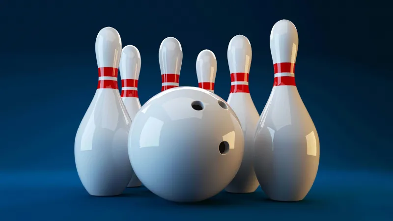 Bowling pins and ball, Blue background, 3D render, 8K wallpaper