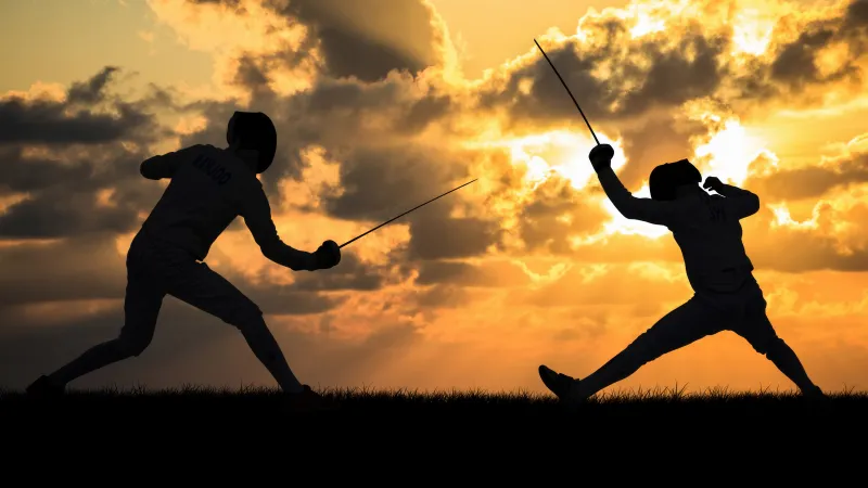 Fencing duel silhouette wallpaper, Golden sunset, Sword fight