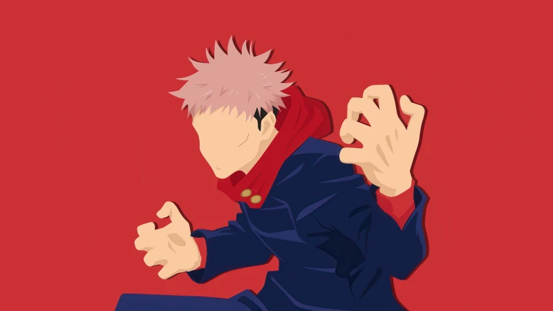 Faceless Yuji Itadori, Ultrawide 5K wallpaper, Minimalist, Red background, Jujutsu Kaisen