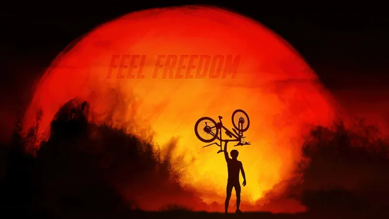 Feel Freedom wallpaper, Cyclist silhouette, Red sun
