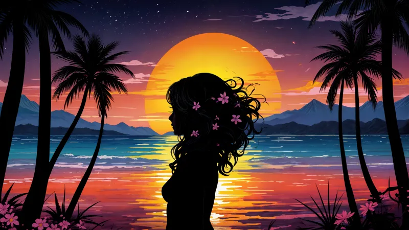 Girl silhouette at tropical sunset, Palm trees, Colorful art, 5K wallpaper