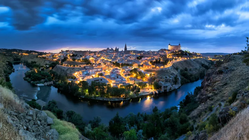 Toledo at blue hour wallpaper, Spain, Tagus River, City lights