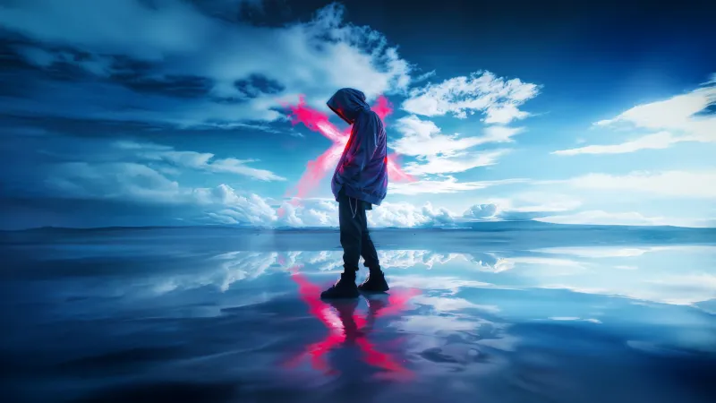 Hooded figure on mirror lake wallpaper, Pink glow, Clouds reflection