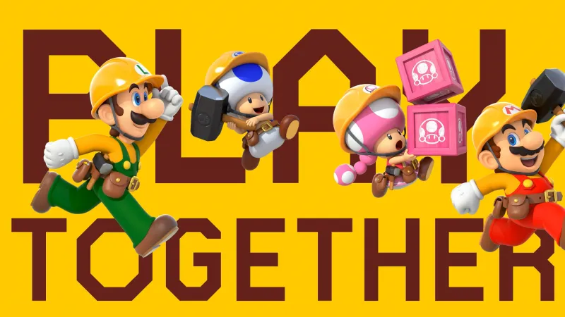 Super Mario Maker 2, Play Together, Builder Mario, Luigi, Yellow background, 4K wallpaper