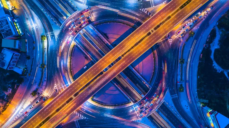 Bangkok interchange at night, Aerial view, Light trails, 4K wallpaper