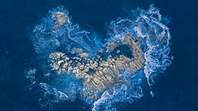 Heart-shaped rock island wallpaper, Ocean waves, Aerial view