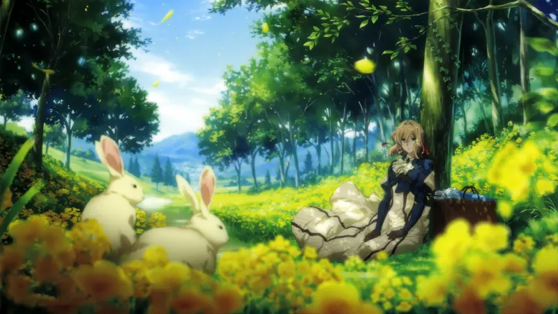 Anime wallpaper, Violet Evergarden, Forest scene, White rabbits, Yellow flowers, Lush nature