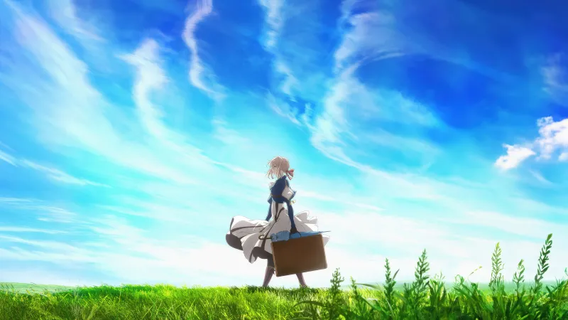 Violet Evergarden, Anime landscape wallpaper, Blue sky, Green field