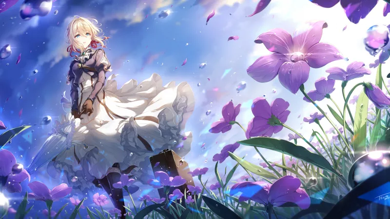 Anime girl wallpaper, Violet Evergarden, Purple flowers, Blue sky, Fantasy art