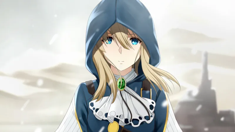 Violet Evergarden, Anime girl, Hooded character, Digital art wallpaper, Blue eyes