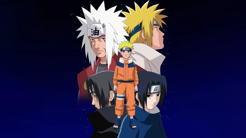 Jiraiya, Minato Namikaze, Sasuke Uchiha, Naruto Uzumaki, Dark blue