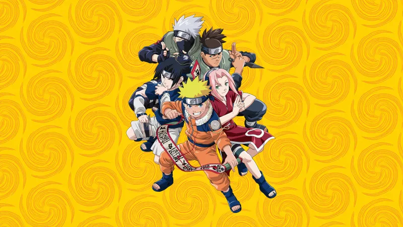 Naruto Team 7, Yellow background 4K, Kakashi Hatake, Sasuke Uchiha, Sakura Haruno, Naruto Uzumaki