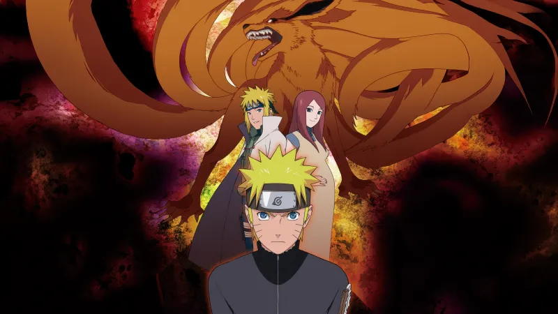 Naruto Uzumaki Family, Minato Namikaze, Kushina Uzumaki, Kurama, 5K wallpaper