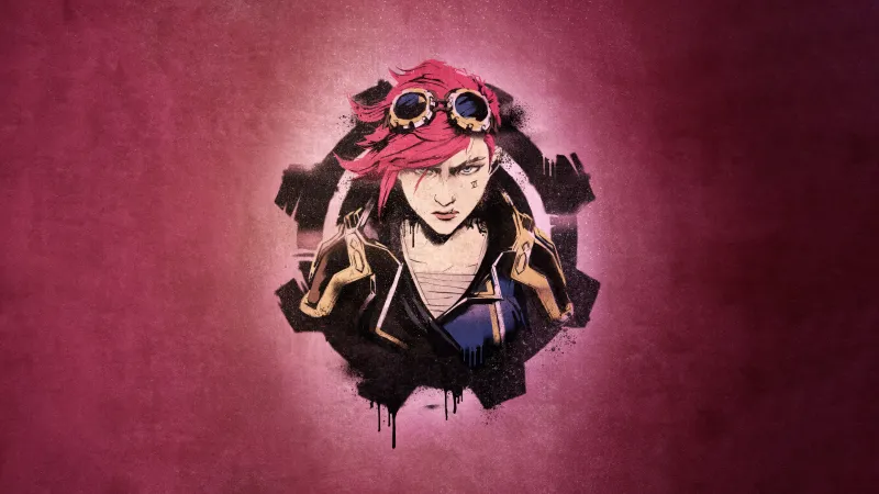 Vi (LoL) Graffiti, Red background 5K, Arcane: League of Legends