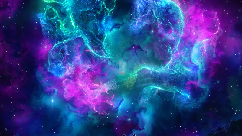 Cosmic nebula, Cyan and magenta clouds, Stargazers, 5K wallpaper