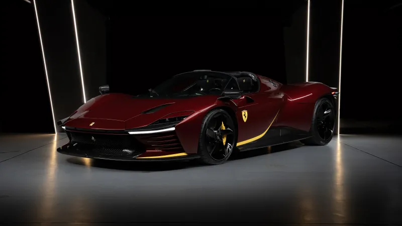Ferrari Daytona SP3 wallpaper, Maroon, Light bars, Dark studio, 8K