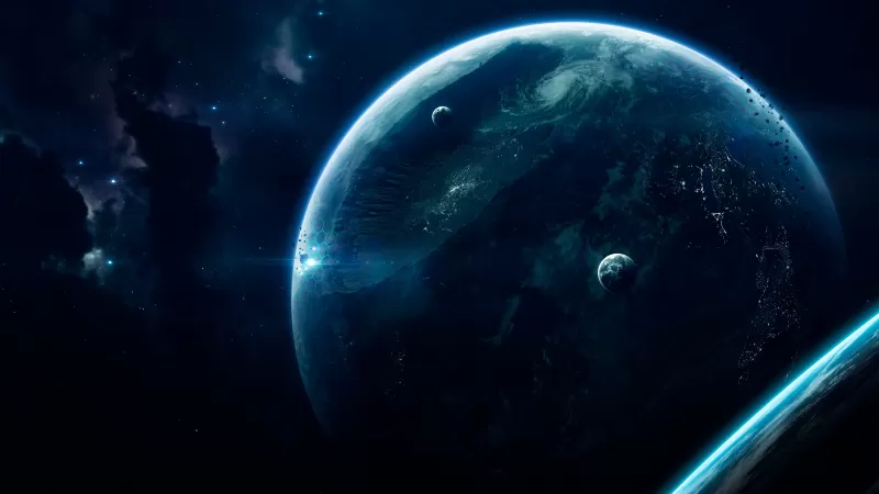 Blue planet, Moons, Deep space, 4K wallpaper