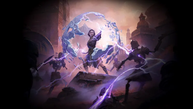 Path of Exile 2 wallpaper, Sorceress, Lightning magic, Skeletons
