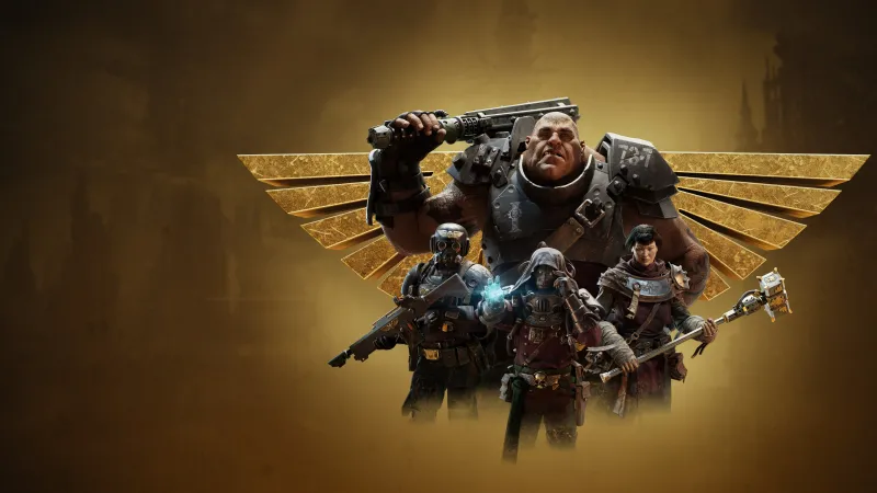 Warhammer 40000: Darktide, Veterans, Imperial Aquila, Golden background, 4K wallpaper