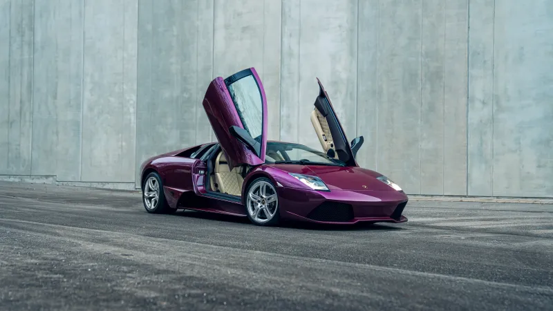 Lamborghini Murciélago LP 640 wallpaper, Purple, Scissor doors up, Concrete wall