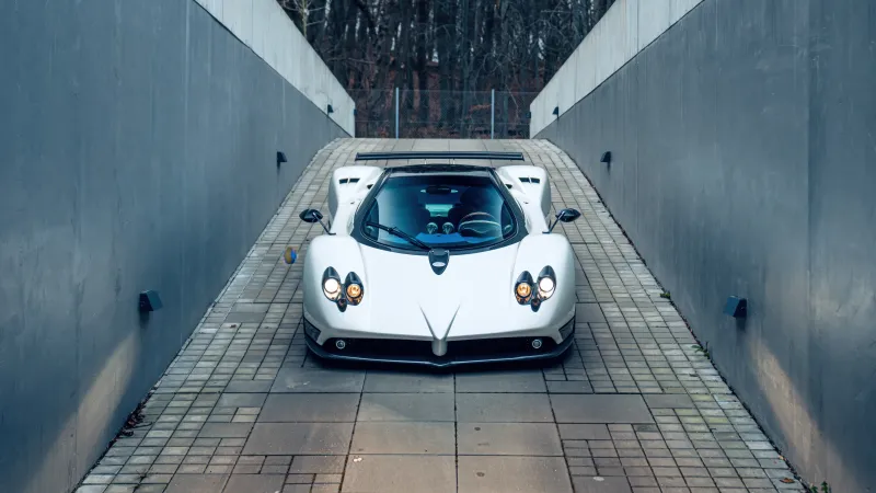 Pagani Zonda F wallpaper, White, Front view, Concrete ramp, 8K