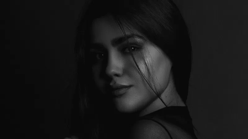 Beautiful girl, Woman, Monochrome, Dark background, Portrait