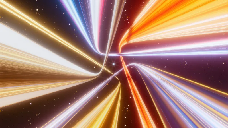 Golden warp tunnel wallpaper, Light streaks, Stars