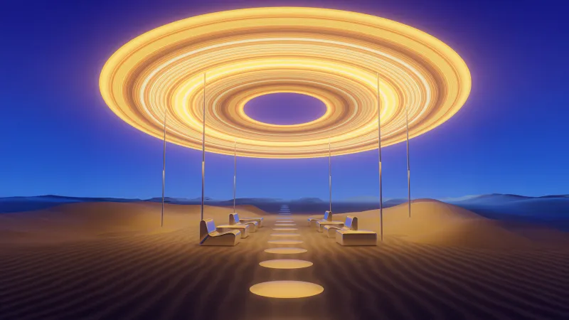 Glowing halo over desert lounge, Surreal 3D, Blue sky, 5K wallpaper