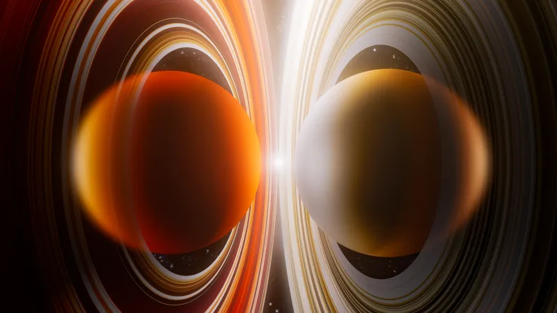 Twin ringed planets, Light rings, Cosmic symmetry, 4K wallpaper