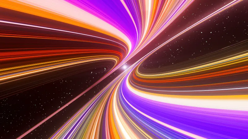 Purple and orange light streaks, Warp, Starry space, 5K wallpaper