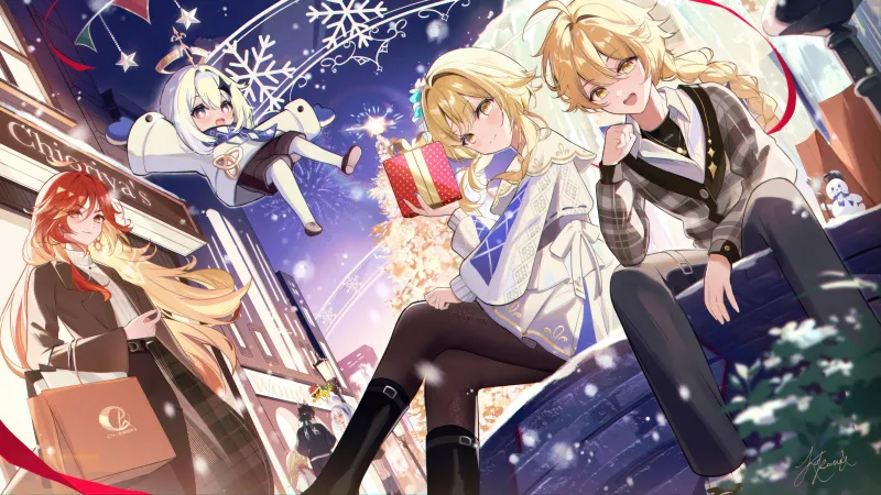 Genshin Impact Party, Lumine, Paimon, Mavuika, 5K wallpaper