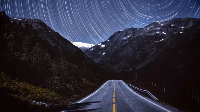 Star trails, Mountain road, Night sky, 5K wallpaper